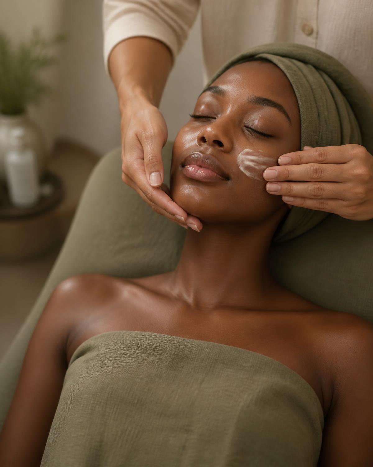 A client receiving a calming facial treatment
